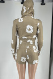 Casual Street Print Patchwork Frenulum Zipper Hooded Collar Long Sleeve Two Pieces