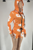 Casual Street Print Patchwork Frenulum Zipper Hooded Collar Long Sleeve Two Pieces