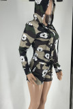 Casual Street Print Patchwork Frenulum Zipper Hooded Collar Long Sleeve Two Pieces