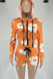 Casual Street Print Patchwork Frenulum Zipper Hooded Collar Long Sleeve Two Pieces