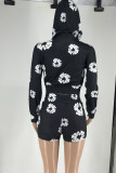 Casual Street Print Patchwork Frenulum Zipper Hooded Collar Long Sleeve Two Pieces