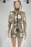 Casual Street Print Patchwork Frenulum Zipper Hooded Collar Long Sleeve Two Pieces