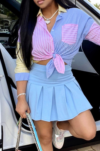 Casual Striped Patchwork Pocket Buckle Pleated Turndown Collar Three Quarter Two Pieces