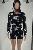 Casual Street Print Patchwork Frenulum Zipper Hooded Collar Long Sleeve Two Pieces