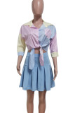 Casual Striped Patchwork Pocket Buckle Pleated Turndown Collar Three Quarter Two Pieces