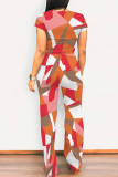 Casual Geometric Print Pocket Contrast O Neck Short Sleeve Two Pieces