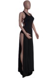 Sexy Solid Backless Cross Straps Slit O Neck Skinny Jumpsuits