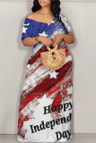Casual Mixed Printing Letter American Flag Flowers Off the Shoulder Printed Dresses