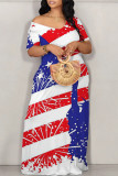 Casual Mixed Printing Letter American Flag Flowers Off the Shoulder Printed Dresses