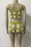 Casual Floral Bandage Hollowed Out Patchwork See-through Backless Square Collar Sleeveless Two Pieces