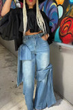 Casual Solid Patchwork High Waist Regular Denim Jeans