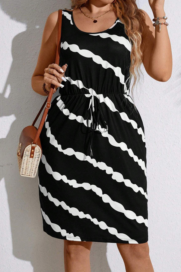 Elegant Striped Bandage Patchwork U Neck Straight Plus Size Dresses
