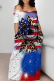 Casual Mixed Printing Letter American Flag Flowers Off the Shoulder Printed Dresses