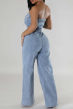 Street Buckle Strapless Sleeveless Loose Denim Jumpsuits