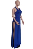 Sexy Solid Backless Cross Straps Slit O Neck Skinny Jumpsuits