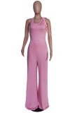 Sexy Solid Backless Cross Straps Slit O Neck Skinny Jumpsuits