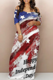 Casual Mixed Printing Letter American Flag Flowers Off the Shoulder Printed Dresses