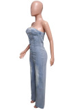 Street Buckle Strapless Sleeveless Loose Denim Jumpsuits
