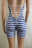 Sexy Striped Print Backless Cross Straps Patchwork Halter Skinny Rompers