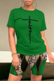 Casual Leopard Print Letter Print Patchwork O Neck Short Sleeve Two Pieces