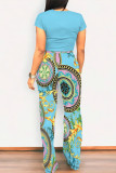 Casual Gradient Print Geometric Print Camouflage Print Pocket O Neck Short Sleeve Two Pieces