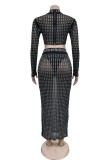 Sexy Hot Drilling Patchwork See-through Slit Turtleneck Long Sleeve Two Pieces