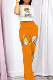 Casual Cartoon Print Pocket Patchwork O Neck Short Sleeve Two Pieces