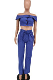 Casual Solid Color Draw String Pocket Buckle Patchwork Off Shoulder Short Sleeve Two Pieces