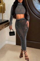 Sexy Hot Drilling Patchwork See-through Slit Turtleneck Long Sleeve Two Pieces