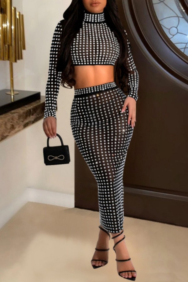 Sexy Hot Drilling Patchwork See-through Slit Turtleneck Long Sleeve Two Pieces