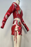 Sexy Print Bandage Hollow Out Slit Patchwork Off Shoulder Long Sleeve Two Pieces
