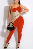 Sexy Patchwork Backless Contrast Spaghetti Strap Skinny Jumpsuits