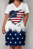 Casual The stars American Flag Heart Shaped Print Pocket V Neck Printed Plus Size Dresses