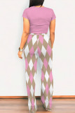 Casual Gradient Print Geometric Print Camouflage Print Pocket O Neck Short Sleeve Two Pieces