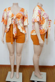 Casual Floral Print Bandage Patchwork V Neck Plus Size Two Pieces