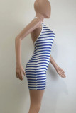 Sexy Striped Print Backless Cross Straps Patchwork Halter Skinny Rompers
