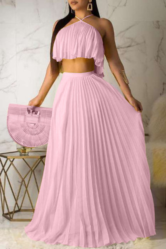 Celebrities Solid Color Backless Pleated Patchwork Halter Sleeveless Two Pieces