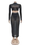 Sexy Hot Drilling Patchwork See-through Slit Turtleneck Long Sleeve Two Pieces
