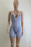 Sexy Striped Print Backless Cross Straps Patchwork Halter Skinny Rompers