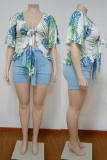 Casual Floral Print Bandage Patchwork V Neck Plus Size Two Pieces