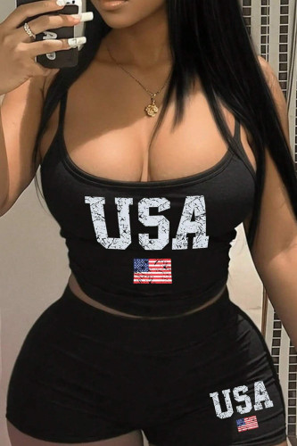 Street American Flag Letter Print Backless Patchwork Spaghetti Strap Sleeveless Two Pieces