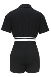 Casual Letter Print Zipper Patchwork Zipper Collar Short Sleeve Two Pieces