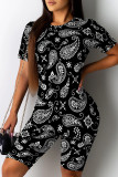 Casual Print Patchwork O Neck Short Sleeve Two Pieces