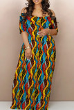 Street Print Backless Patchwork Off Shoulder Long Dresses
