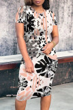 Casual Print Patchwork O Neck Wrapped Skirt Dresses