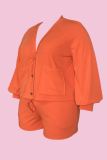 Casual Solid Color Pocket Buttons V Neck Plus Size Two Pieces