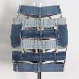 Sexy Patchwork Hollow Out Pocket Buttons High Waist Skinny Denim Skirts