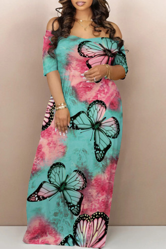 Casual Geometric Print Butterfly Print Contrast Off Shoulder Printed Dresses