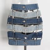 Sexy Patchwork Hollow Out Pocket Buttons High Waist Skinny Denim Skirts