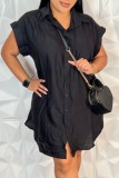Casual Solid Color Buttons Turndown Collar Shirt Short Sleeve Dress